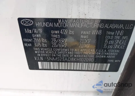 2019 Hyundai Santa Fe Se from USA, damaged, VIN 5NMS23AD8KH102090